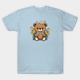 Kawaii Bear Sitting in Flowers T-Shirt